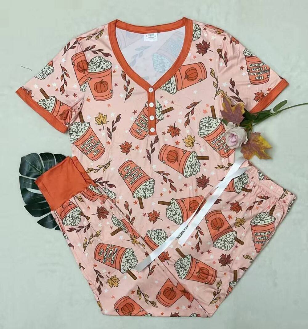 Shirley & Stone pajama set top and jogger bottoms fall pumpkin latte coffee NWT